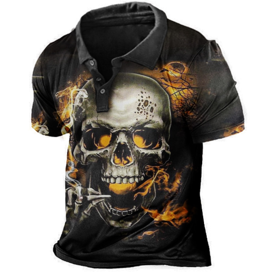 

Men's Outdoor Skull Fire Print Polo T-Shirt