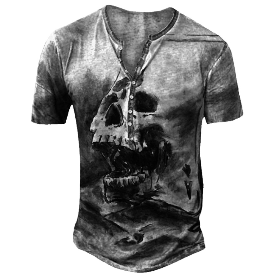 

Men's Outdoor Skull Print Henley Collar T-Shirt