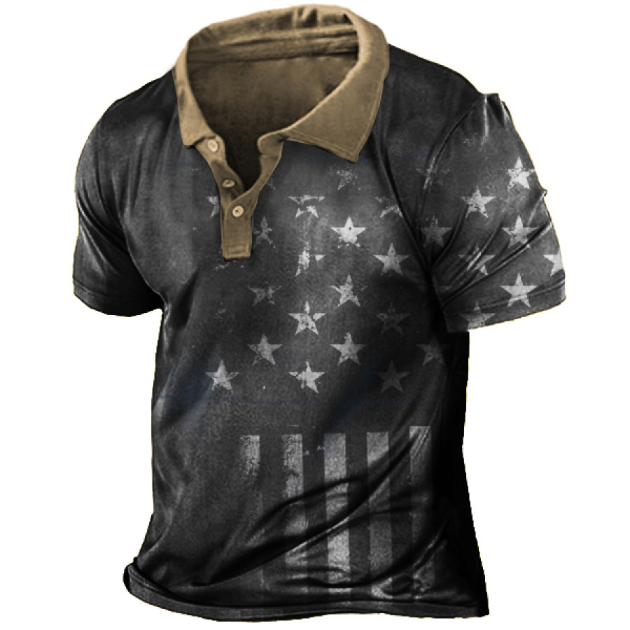 

Men's Vintage American Flag Zip Pocket Polo Neck T-Shirt