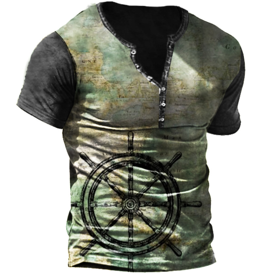 

Antique Nautical Ships Wheel Print Men Henley T-Shirt