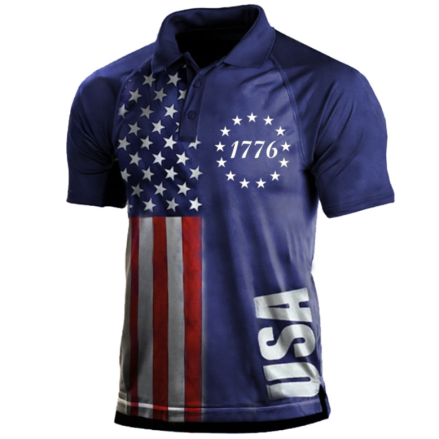 

Men's 1776 American Flag Print Polo Collar T-Shirt