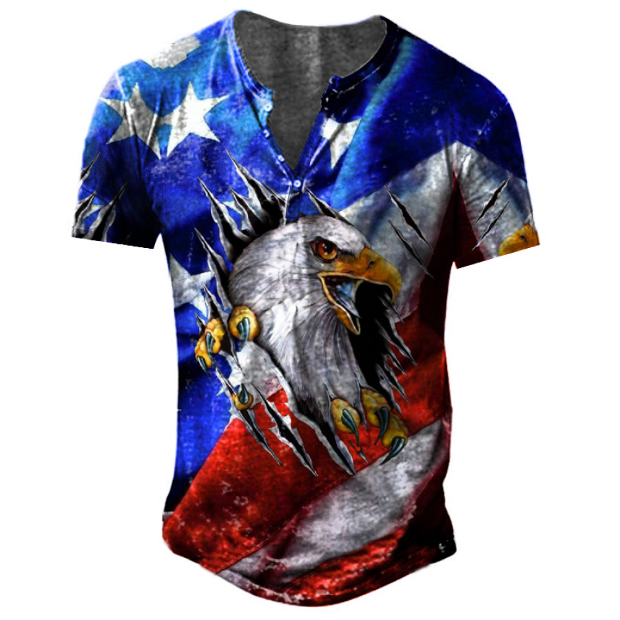 

Men's Eagle Flag Print Henley Collar T-Shirt