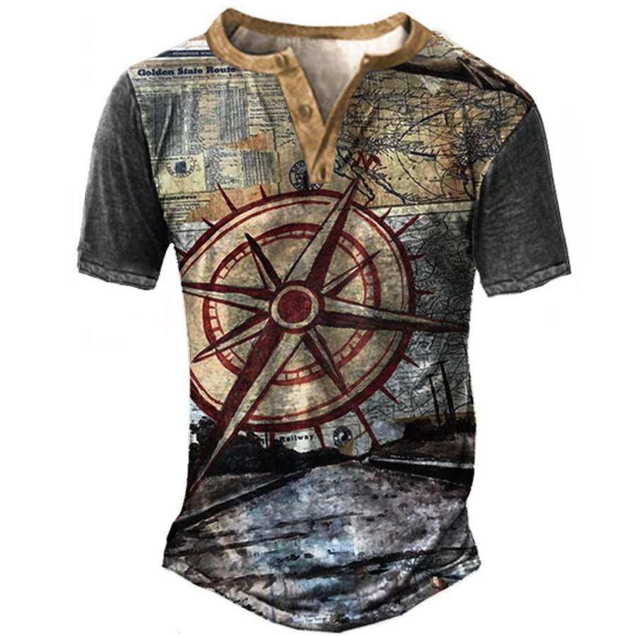

Men's Vintage Compass Print Henley T-Shirt