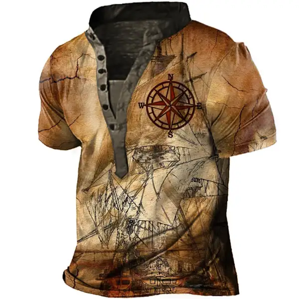 Men's Vintage Wind Sails Brig Compass Print Henley T-Shirt - Kalesafe.com 