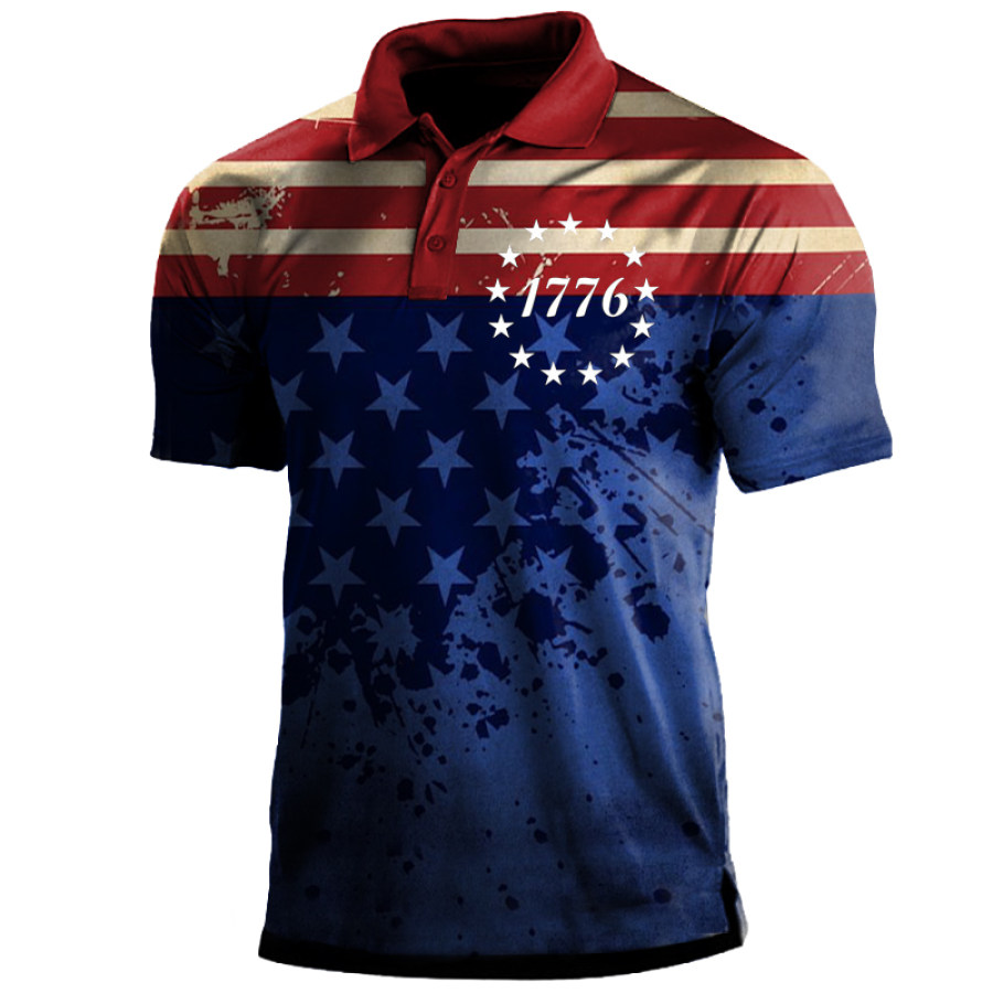 

Men's 1776 American Flag Print Polo Collar T-Shirt