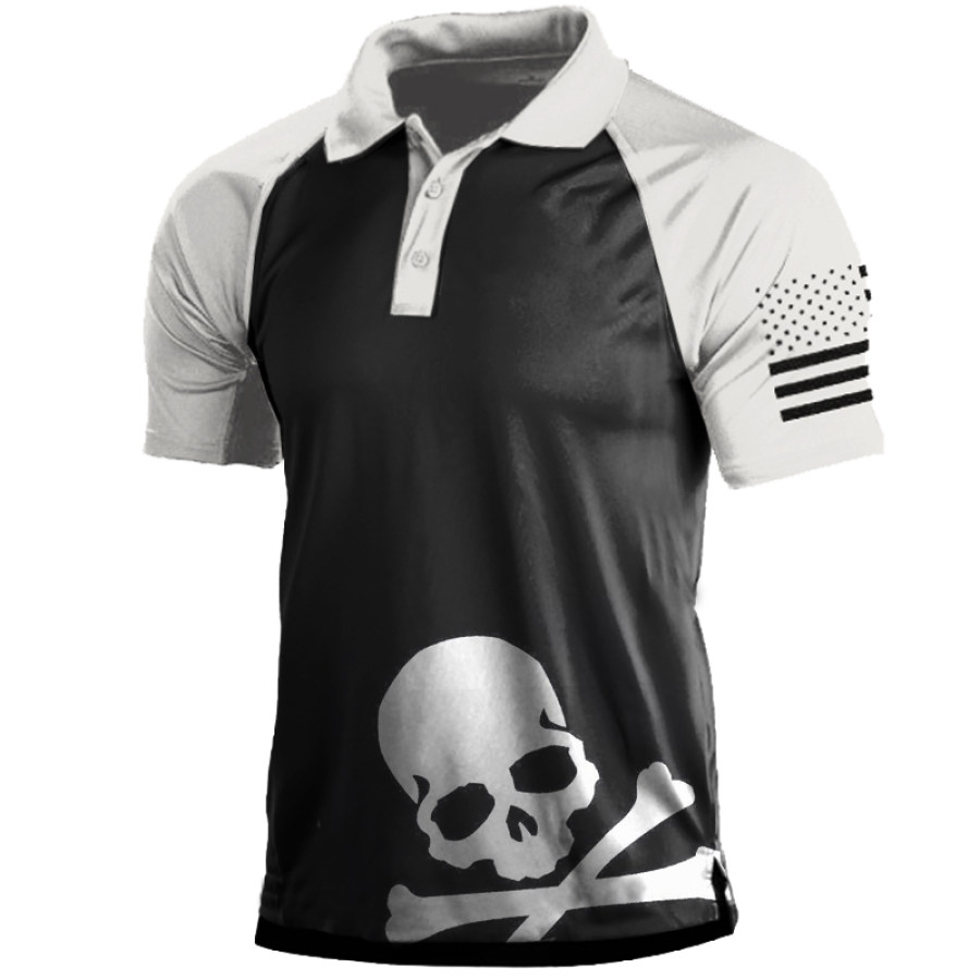 

Men's Skull Pirate American Flag Print Polo Neck T-Shirt