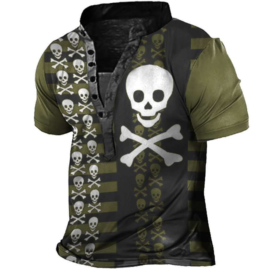 

Men's Skull Pirate Print Henley Collar T-Shirt