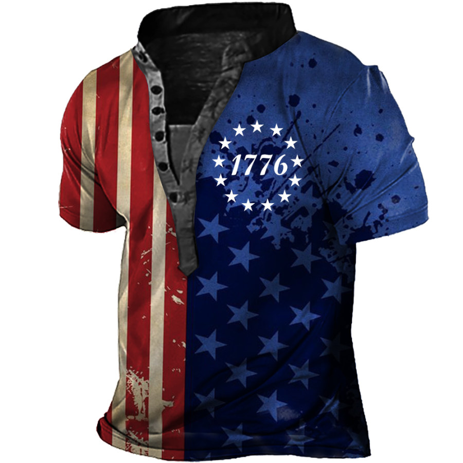 

Men's 1776 American Flag Print Henley Collar T-Shirt