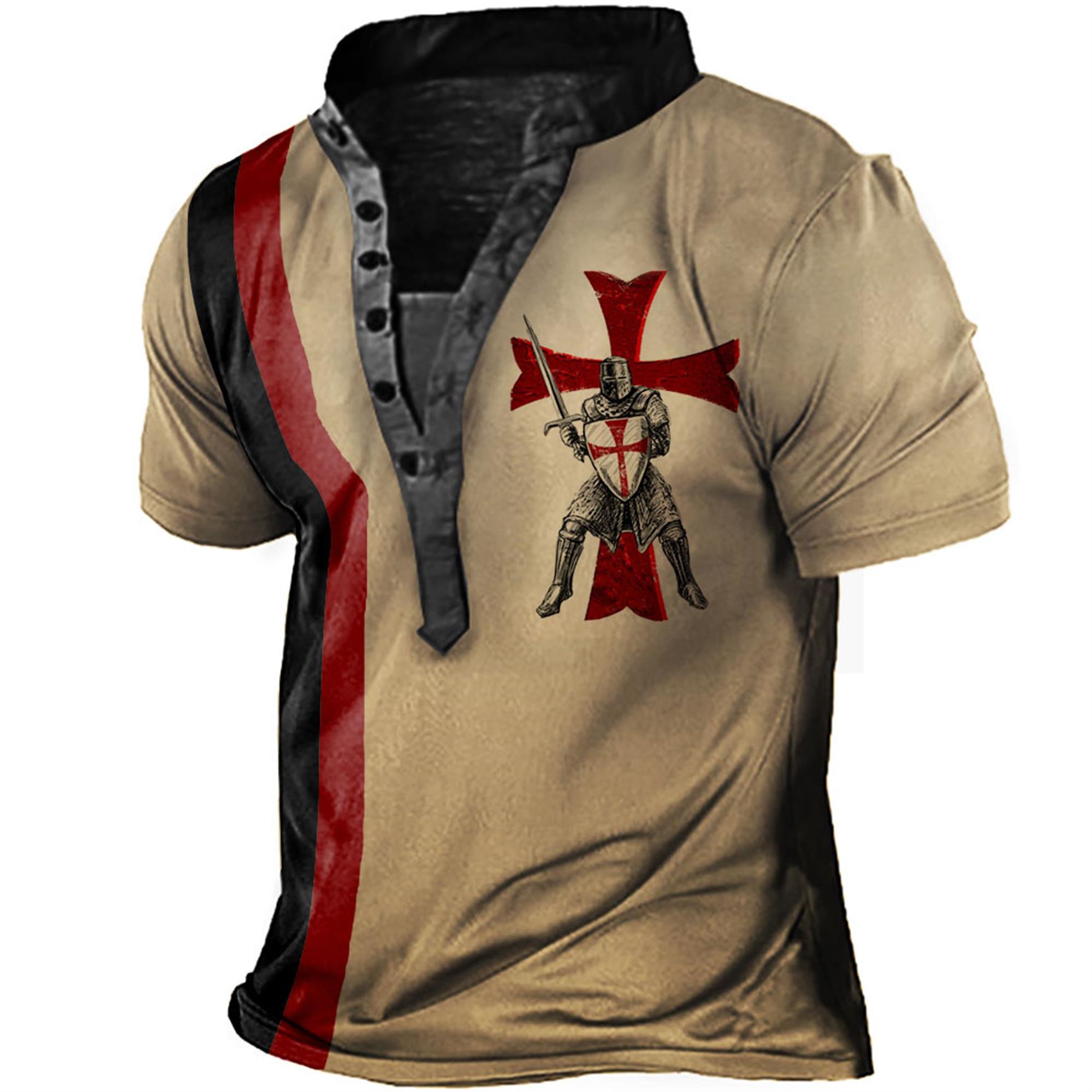 Men's Outdoor Knights Templar Chic Cross Stripe Print Henley T-shirt