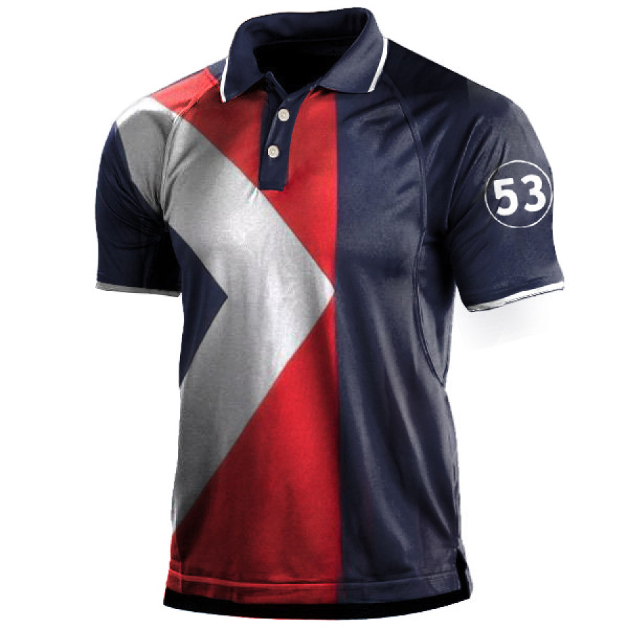 

Men's Racing Contrast Color Print Polo Neck Short Sleeve T-Shirt