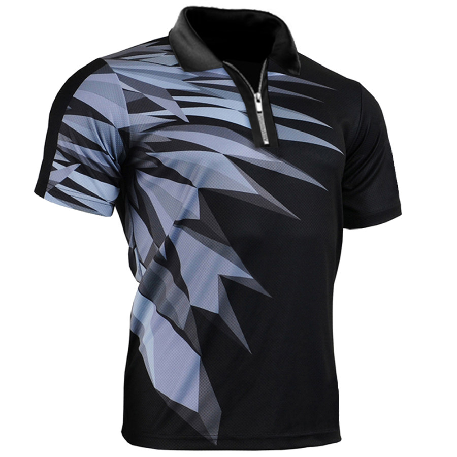 Men's Outdoor Geometric Print Sports Zip Polo T-Shirt