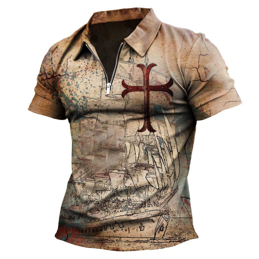 

Men's Vintage Sailing Boat Cross Zip Polo T-Shirt