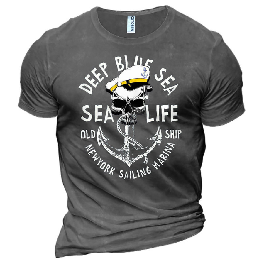 

Men's Deep Blue Sea Life Skull Anchor Print Cotton T-Shirt