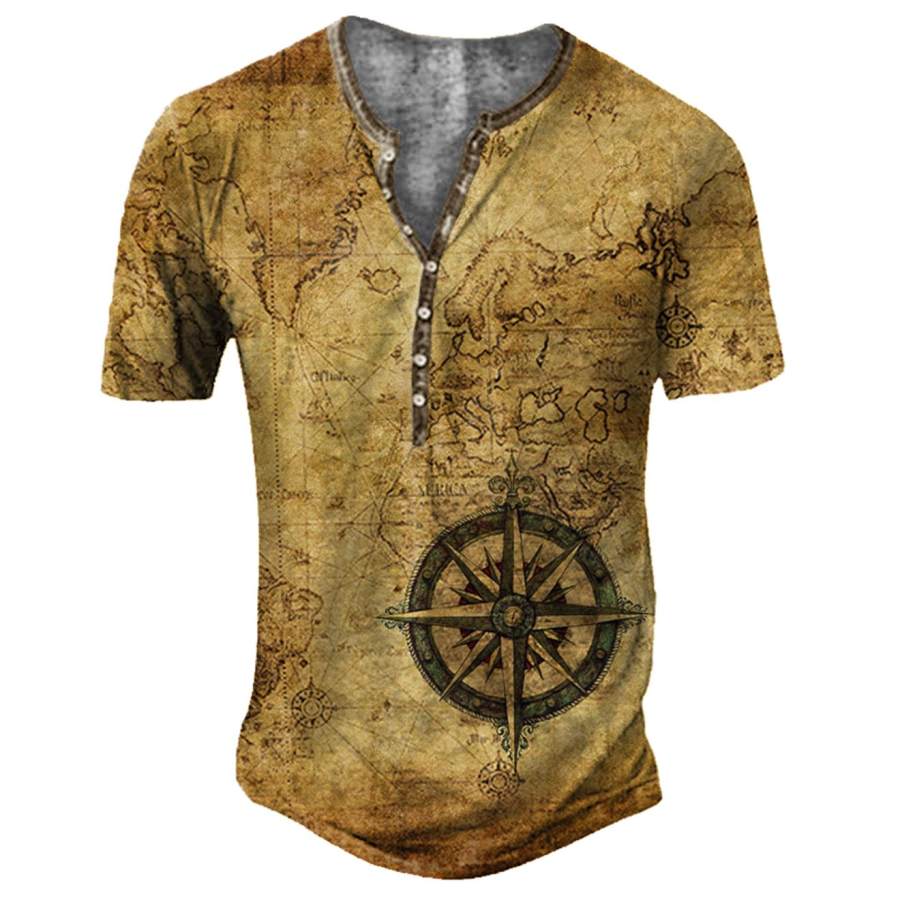 

Men's Vintage Compass World Map Henley Collar T-Shirt
