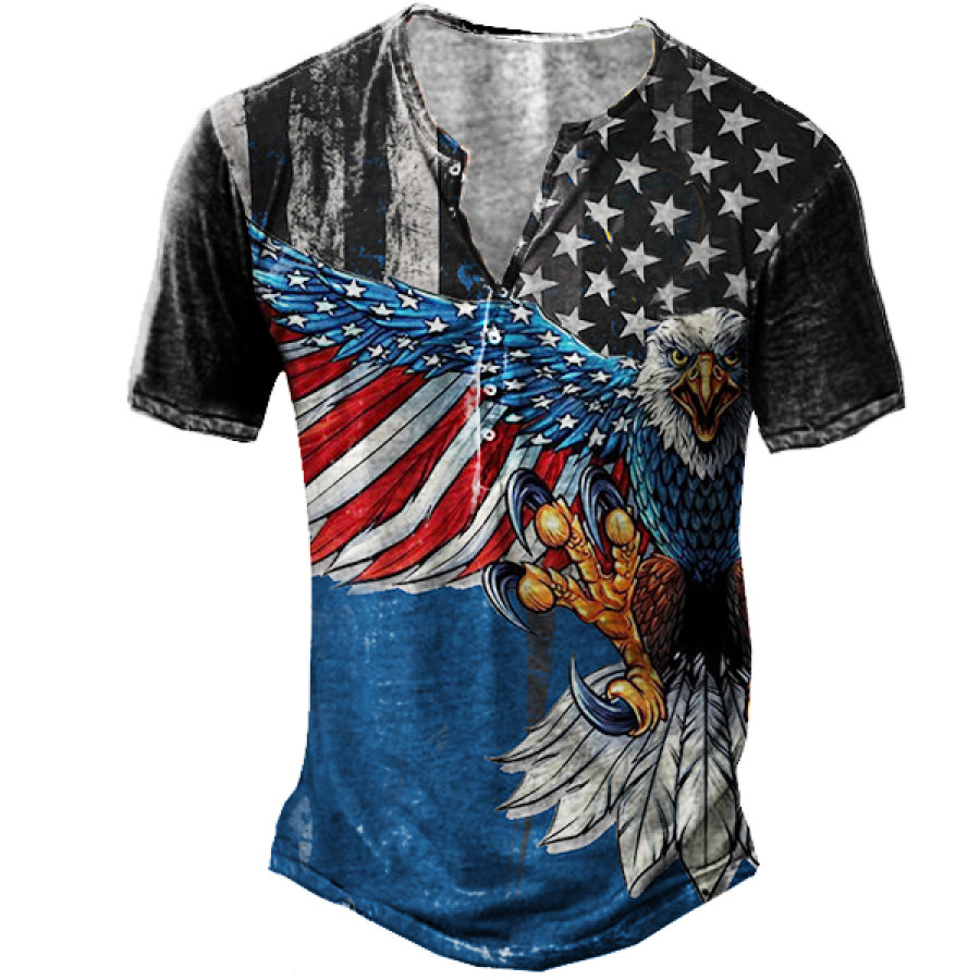 

Vintage American Flag Liberty Eagle Print Men's Henley Short Sleeve T-Shirt