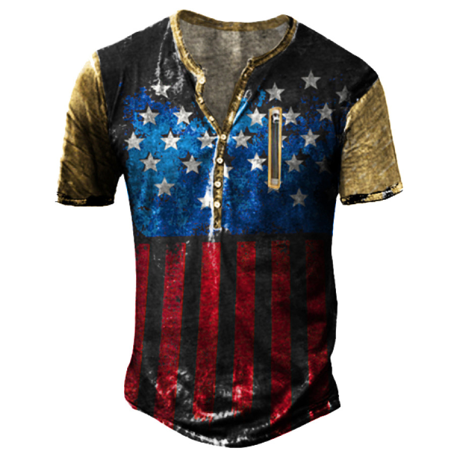 

Men's American Flag Zip Pocket Henley Collar T-Shirt