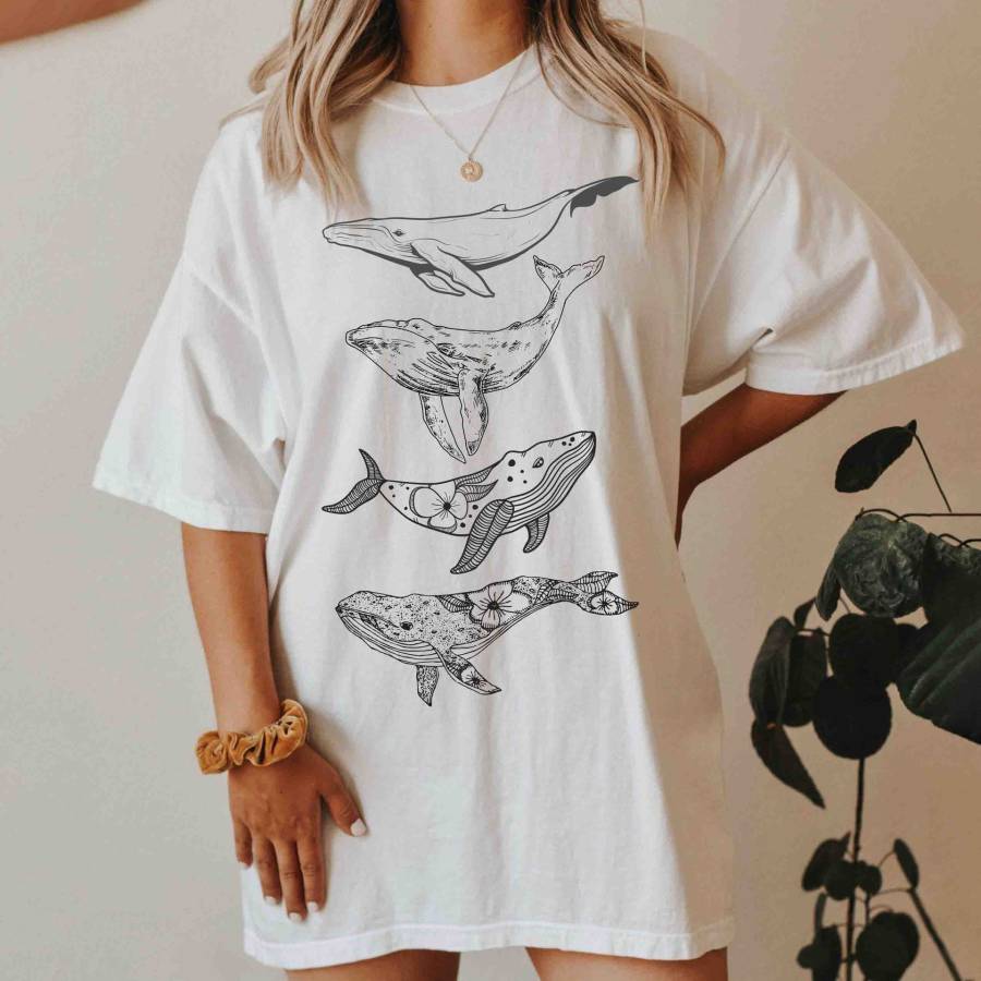 

Women's Whale Marine Life Print Loose T-Shirt