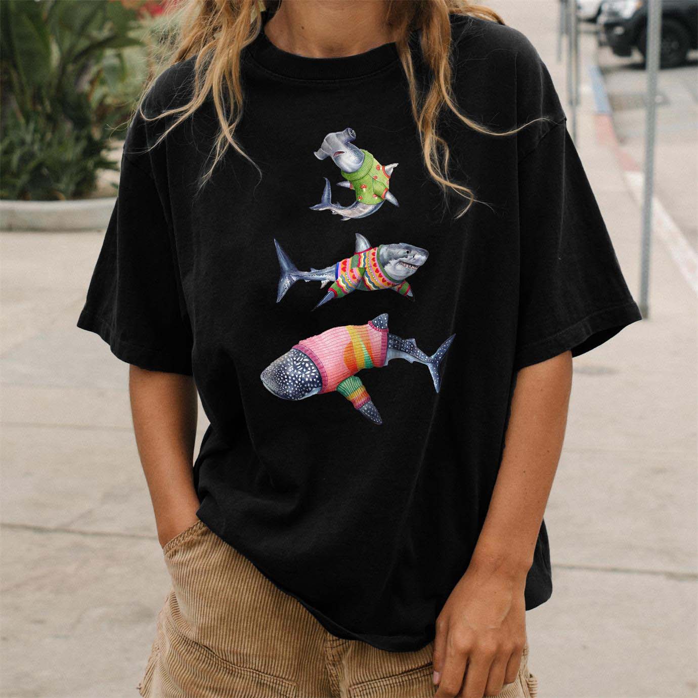 Women's Cute Sharks Marine Chic Life Print Loose T-shirt