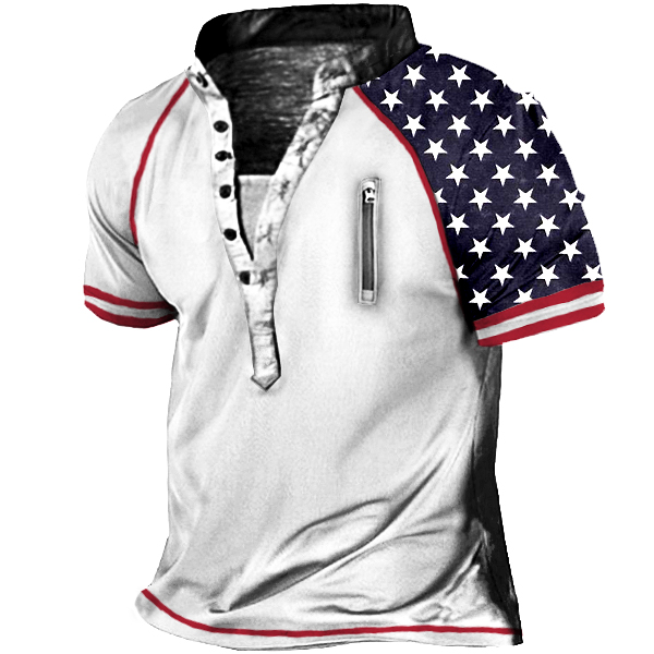 Men's American Flag Outdoor Chic Tactical Sport Henley T-shirt