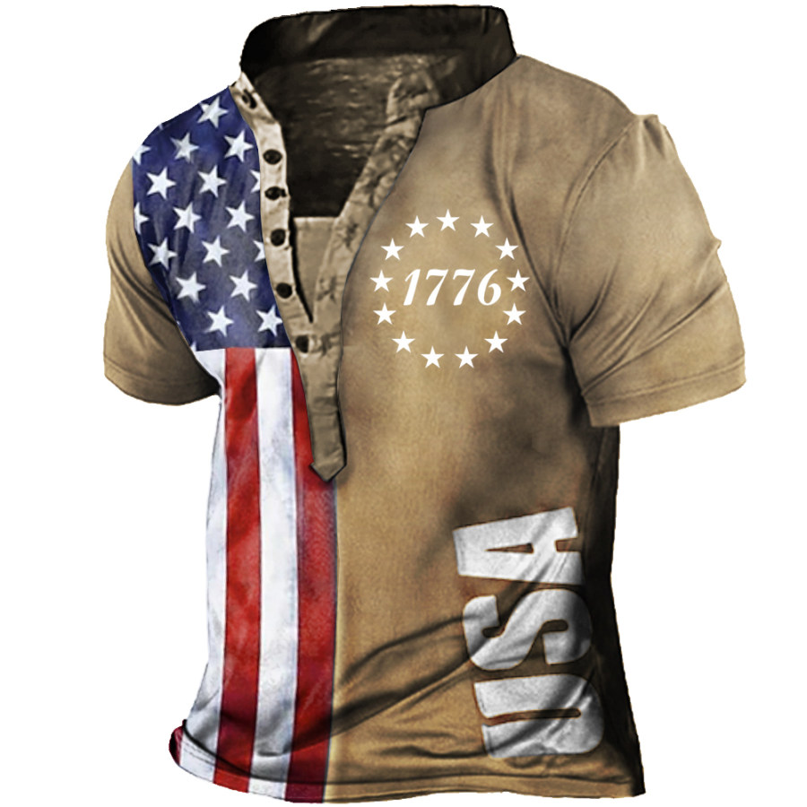 

Men's 1776 American Flag Print Henley Collar T-Shirt