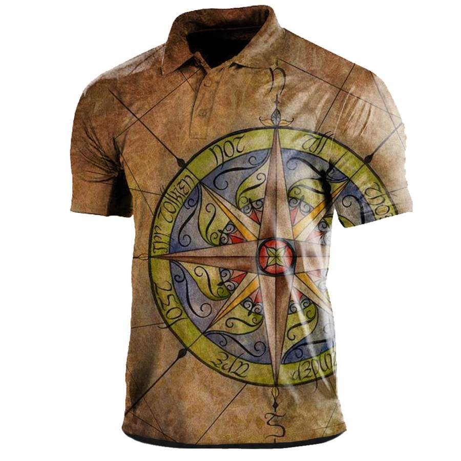 

Men's Vintage Compass Print Polo T-Shirt