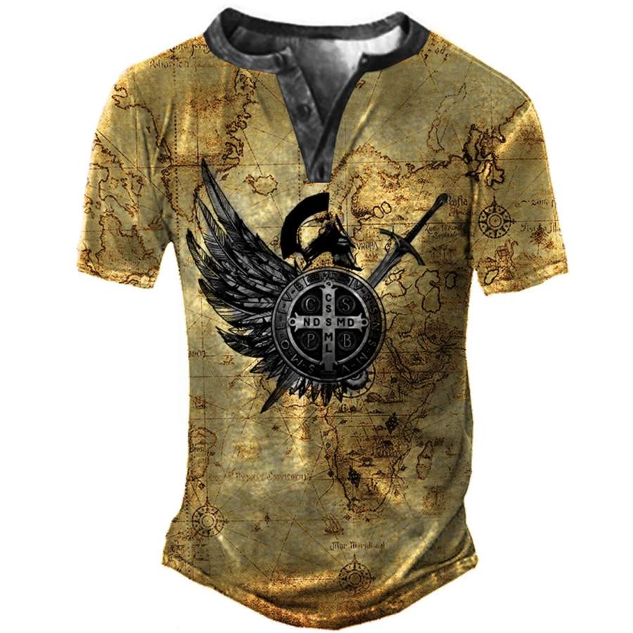 

Men's Vintage World Map Spartan Print Henley T-Shirt