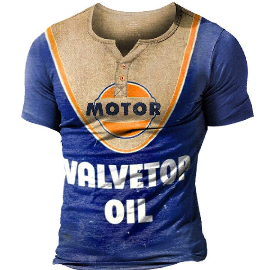 

Vintage Motorcycle Oil Print Men's Henley Short Sleeve T-Shirt