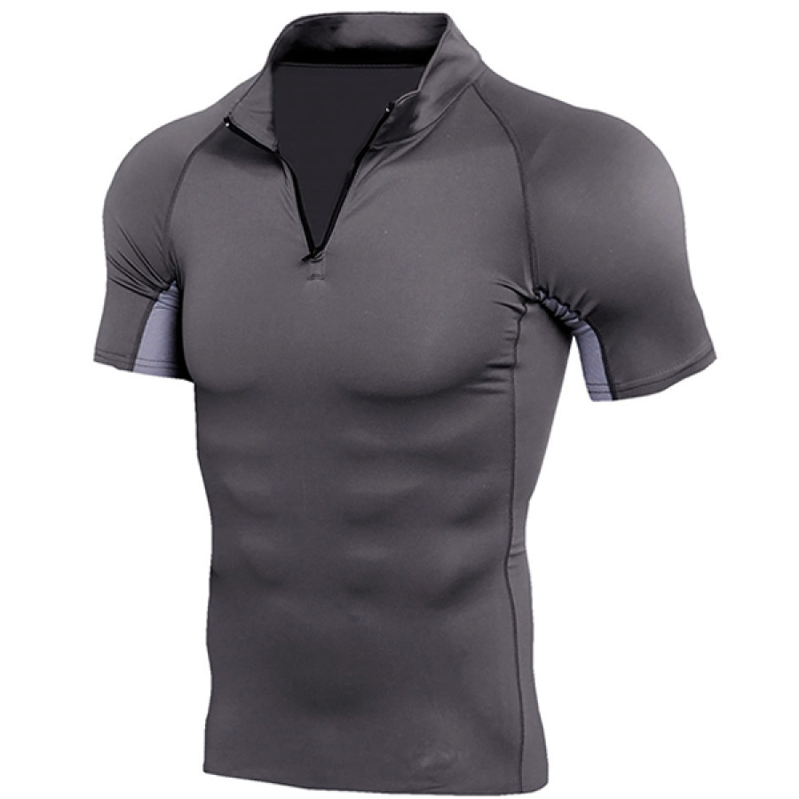 Men's Stand Collar Zipper Step Stretch Sports Quick Dry T-Shirt