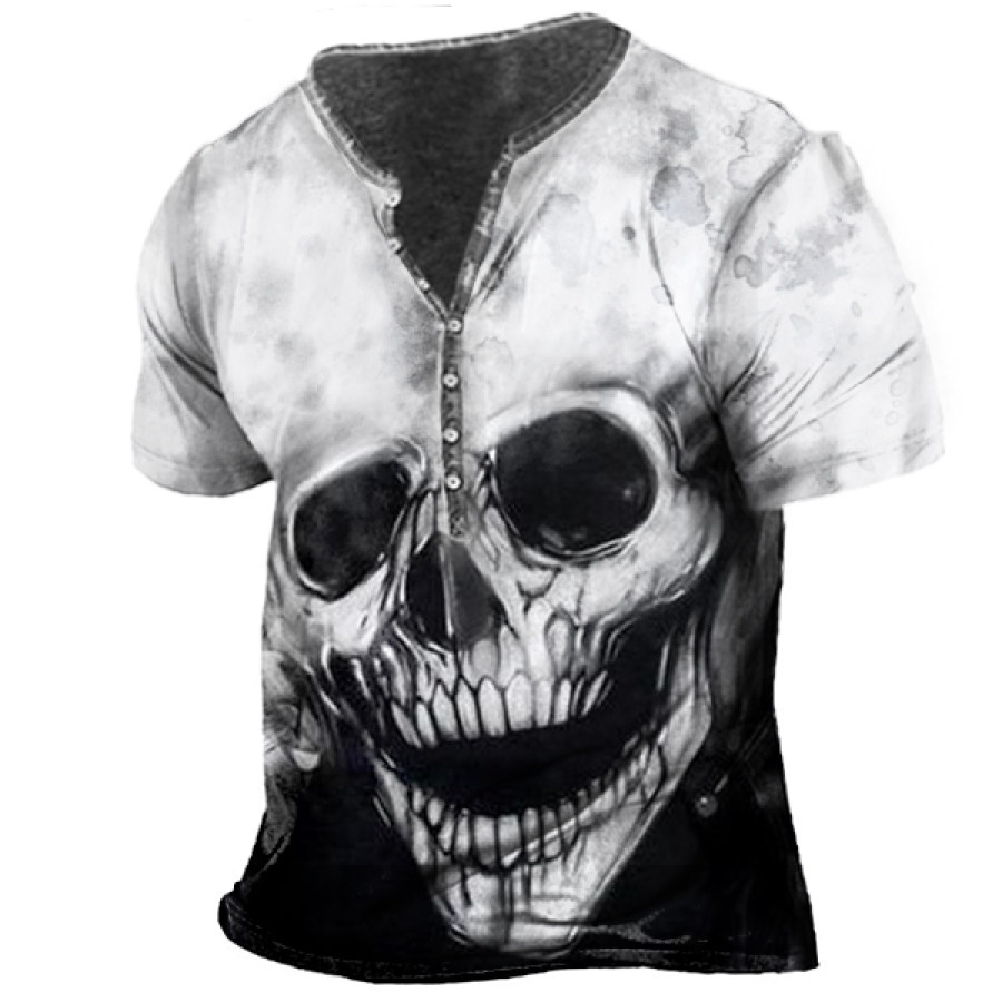 

Men's Vintage Skull Print Henley Short Sleeve T-Shirt