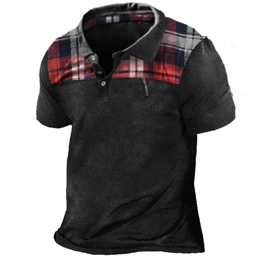 

Vintage Check Print Men's Outdoor Zipper Pocket Polo T Shirt