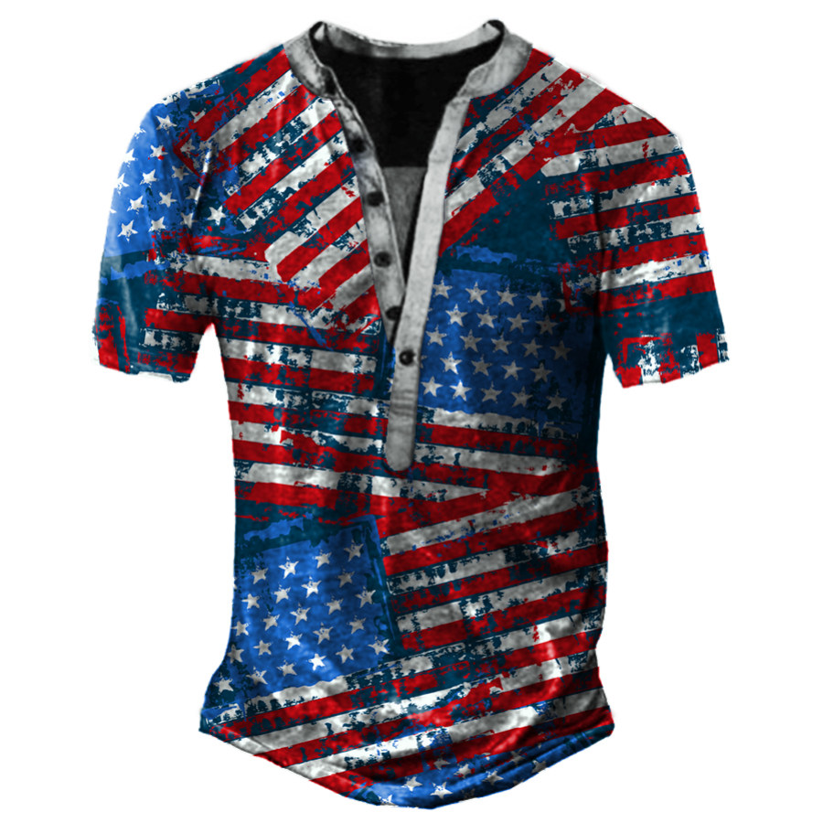 

Men's American Flag Print Henley Collar T-Shirt