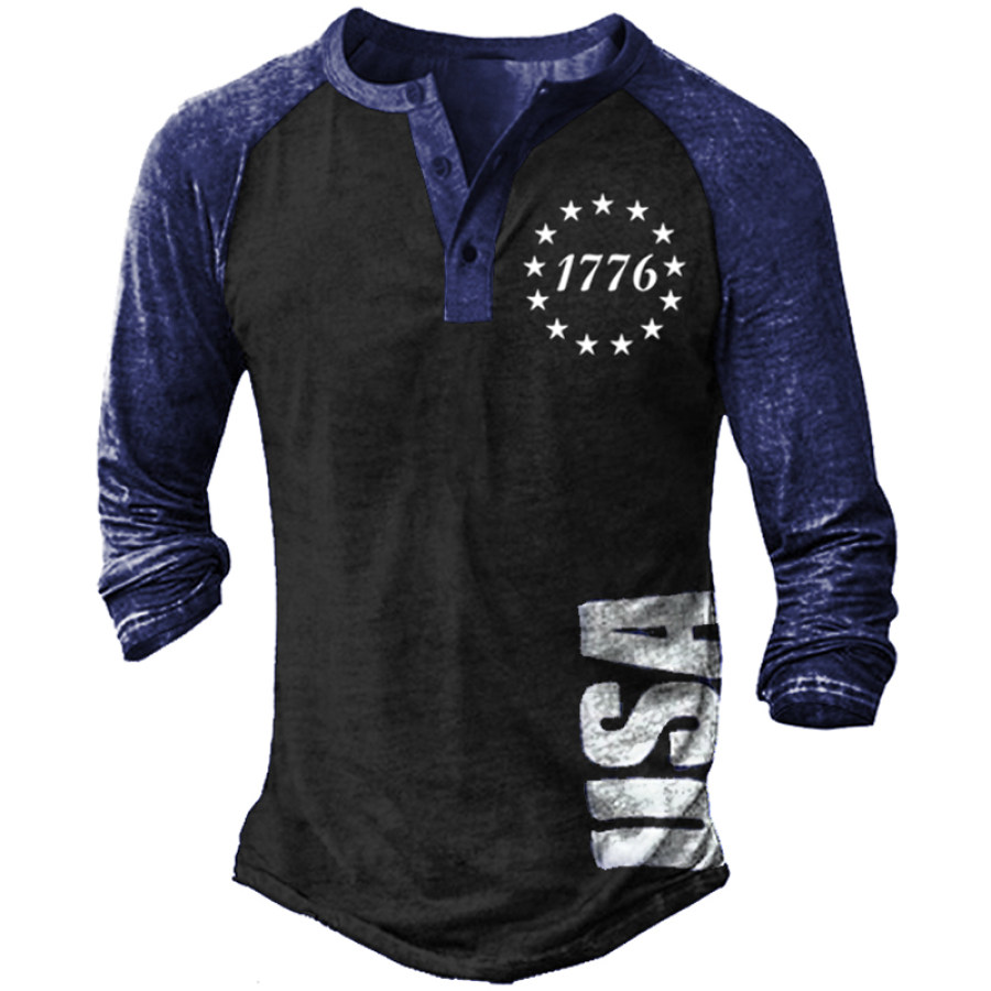 

Men's 1776 American Star Print Henley Collar Long Sleeve T-Shirt