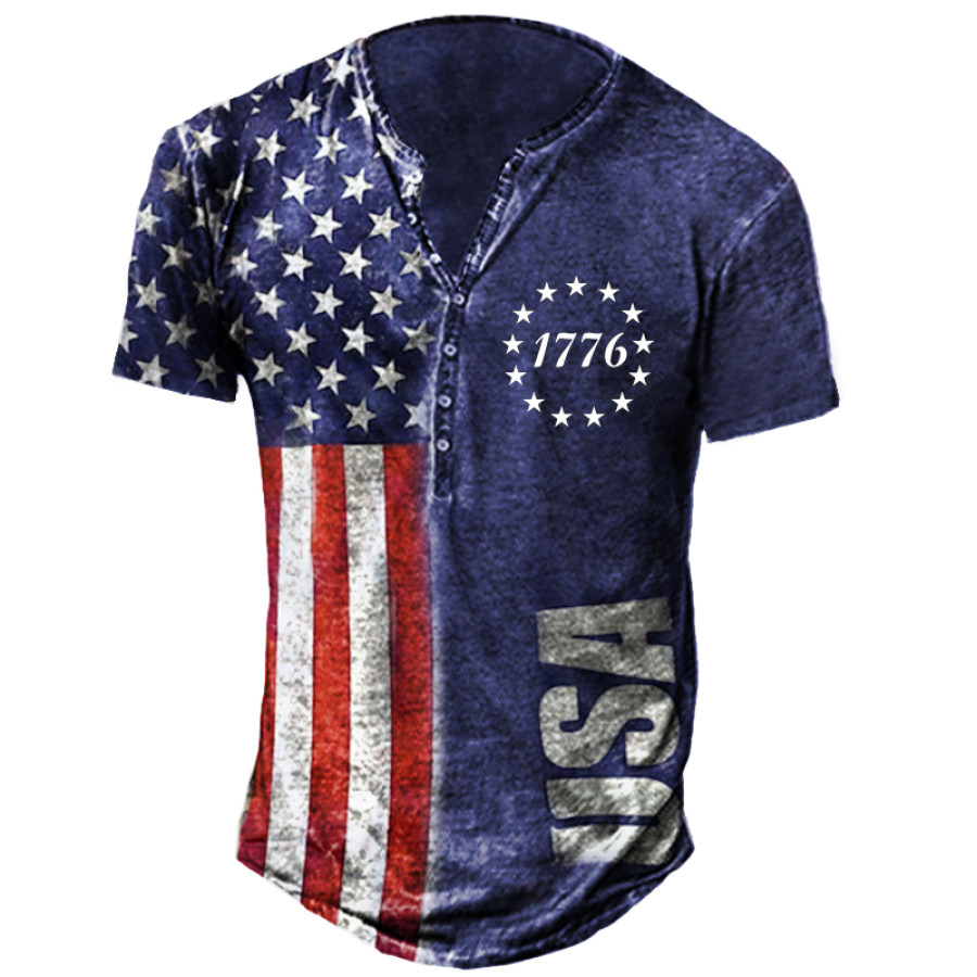

Men's 1776 American Flag Print Henley Collar T-Shirt