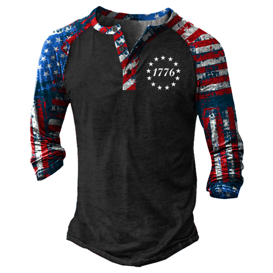 

Men's 1776 American Flag Print Henley Collar Long Sleeve T-Shirt