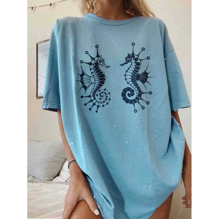 

Women's Tropical Seahorse Print Loose T-Shirt