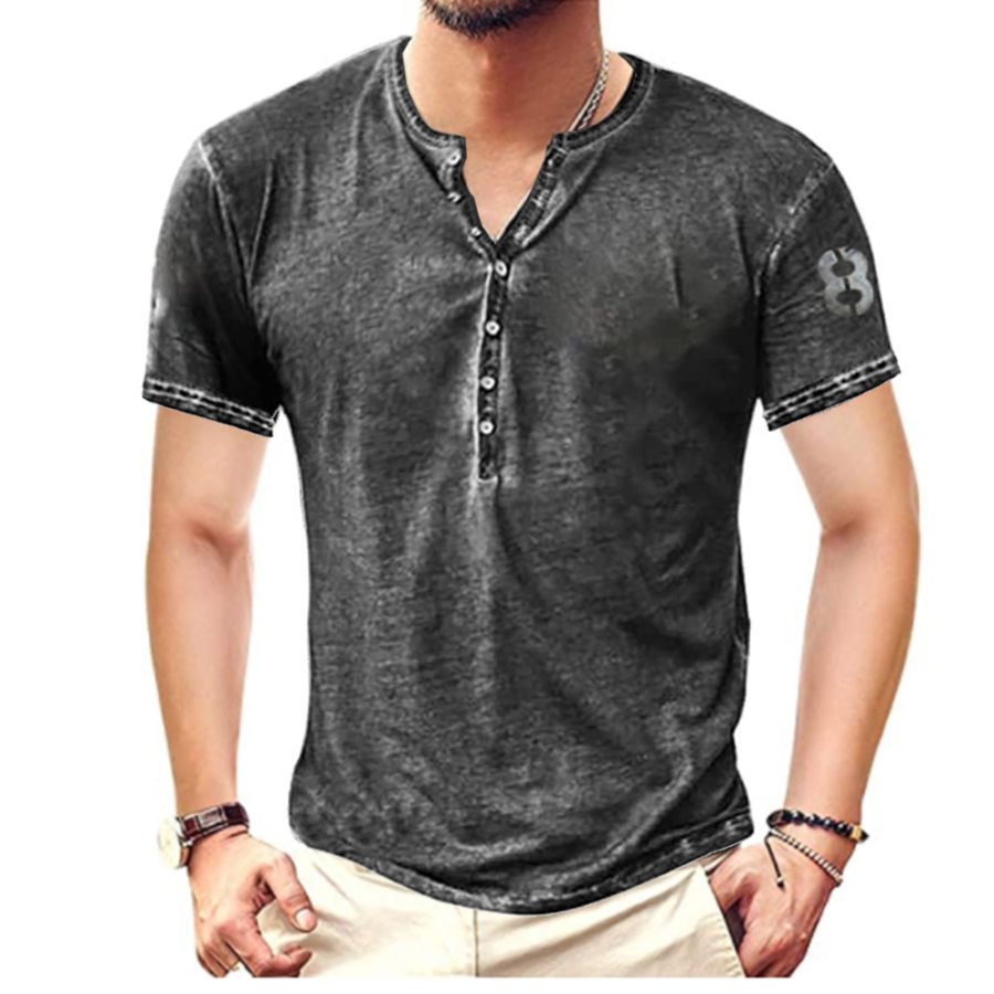 

Men's Outdoor Retro Tactical Number 8 Print Henley Short Sleeve T-Shirt