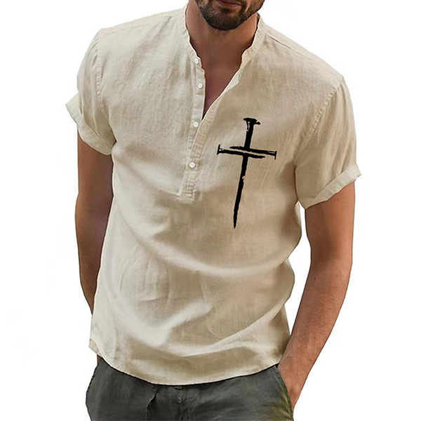 Christian Jesus Cross Print Chic Men's Henley Short Sleeve Shirt