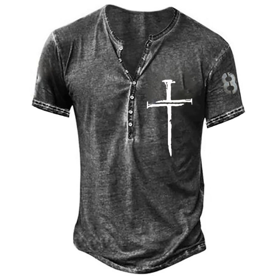 

Jesus Christ Cross Vintage Print Men's Henley Short Sleeve T-Shirt