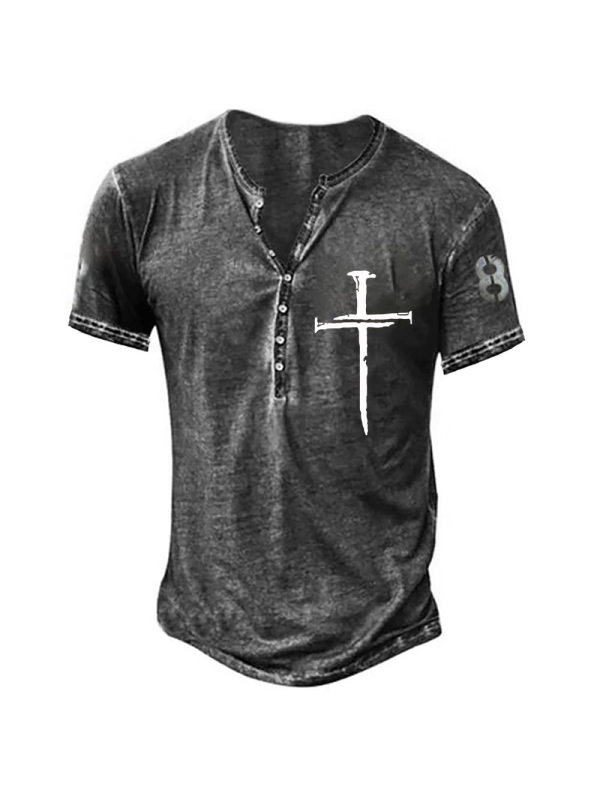 Jesus Christ Cross Vintage Print Men's Henley Short Sleeve T-Shirt