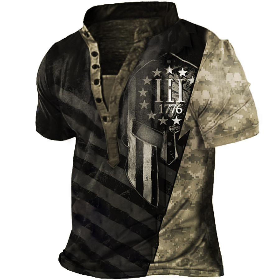 

Spartan American Flag Mask Print Men's Henley T-shirt