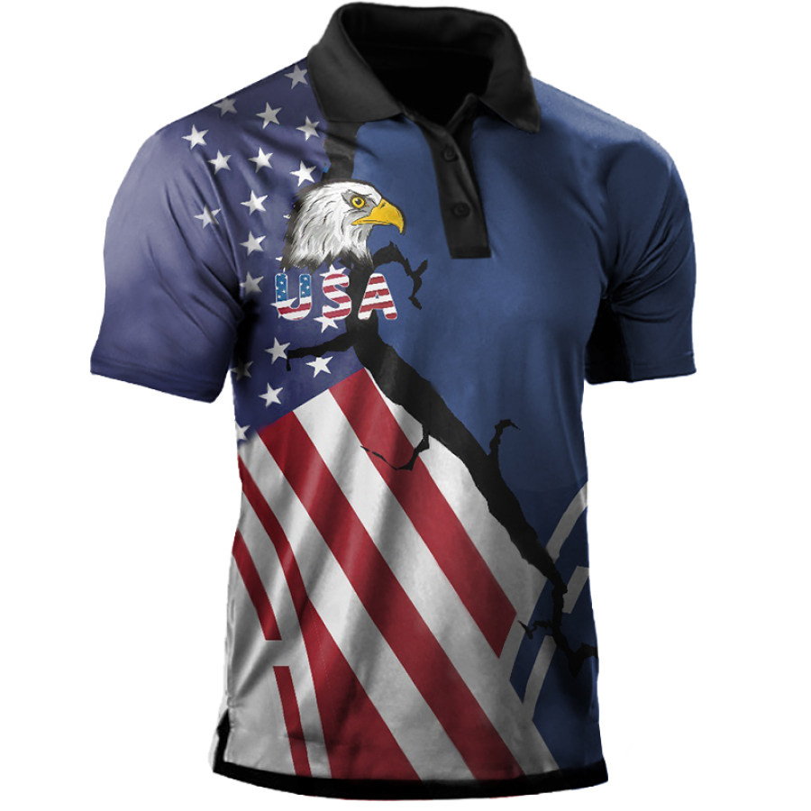 

Men's Outdoor American Flag Eagle Print Polo Neck T-Shirt