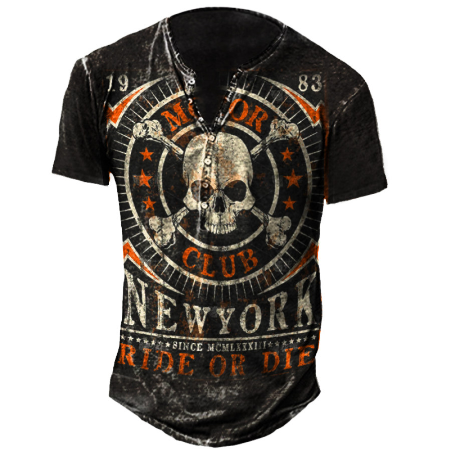 

Men's Vintage Motor Pirate Skull Print Henry Collar T-Shirt