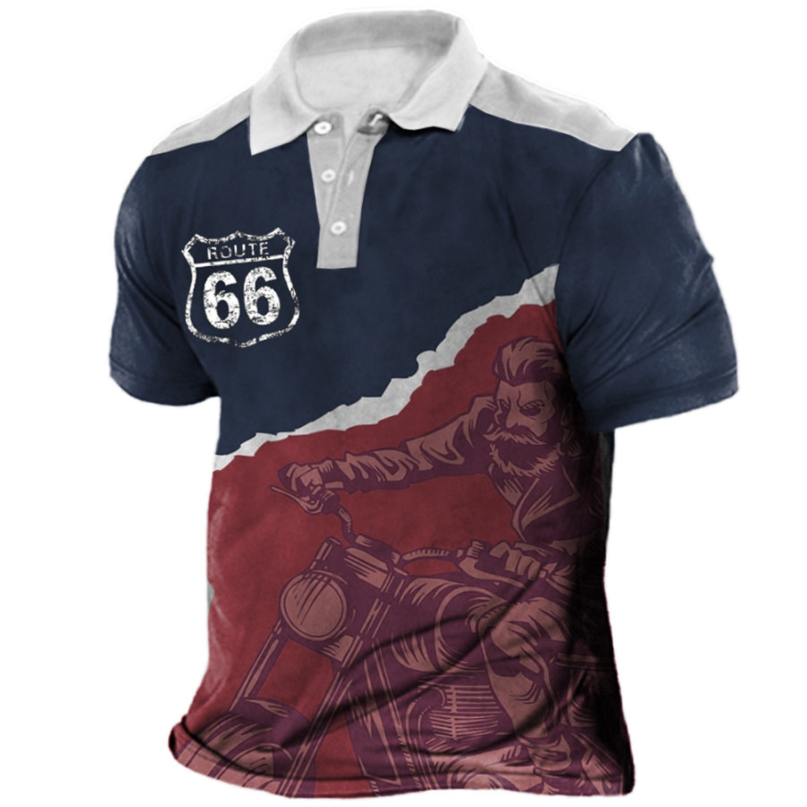 

Men's Vintage Motorcycle Route 66 Print Polo Neck T-Shirt