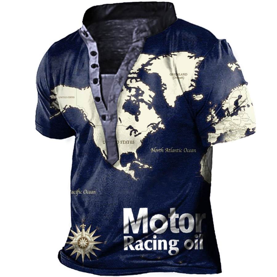 

Men's World Map Motor Oil Print Henley T-Shirt