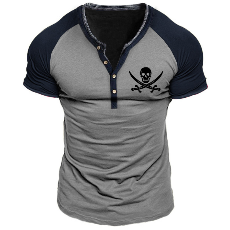 

Men's Outdoor Pirate Skull Print Henley Collar T-Shirt