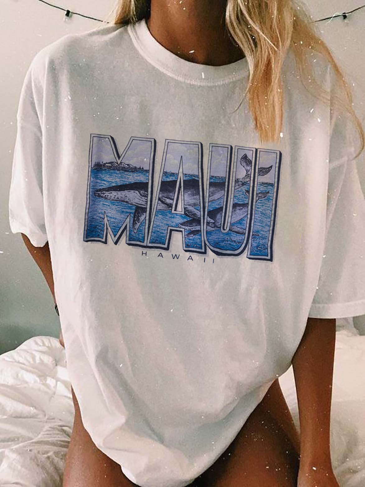 Women's Vintage Maui Hawaii Chic Whale Print Loose T-shirt