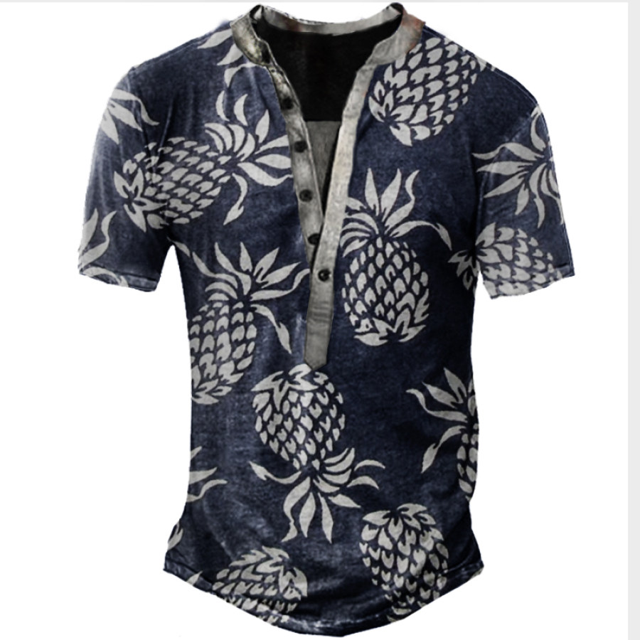 

Tossed Pineapples On Navy Blue Print Men Henley T-Shirt