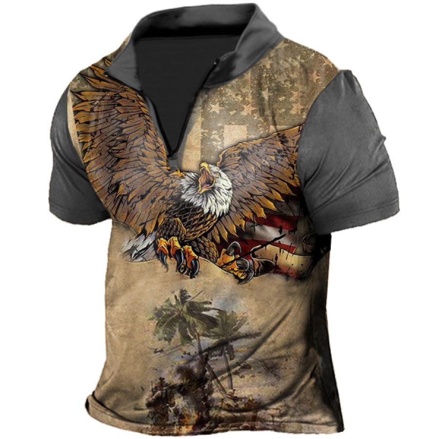 

American Flag Eagle Coconut Print Zip Half Open Collar Short Sleeve T-Shirt