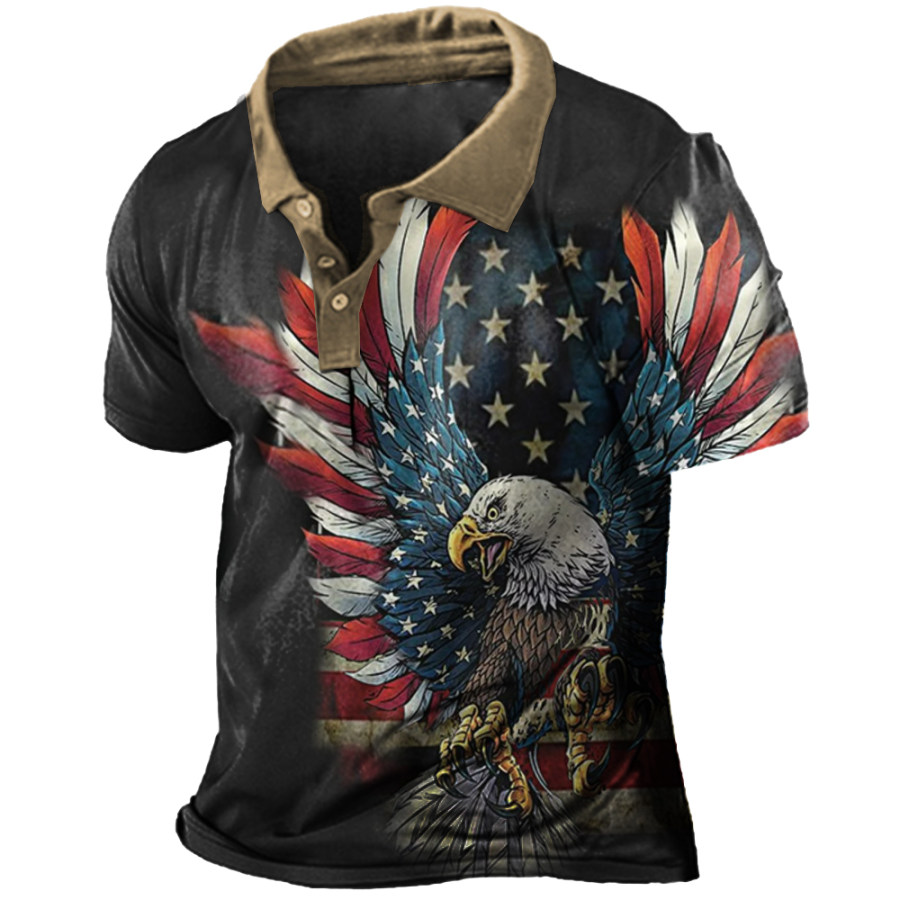 

Men's American Flag Eagle Print Polo Neck T-Shirt