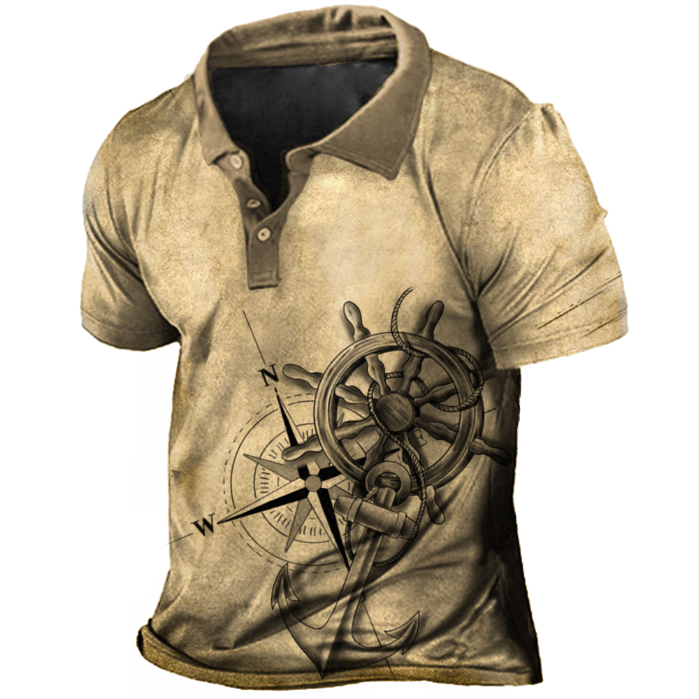 Men's Vintage Anchor Compass And Chic Wheel Print Polo Neck T-shirt